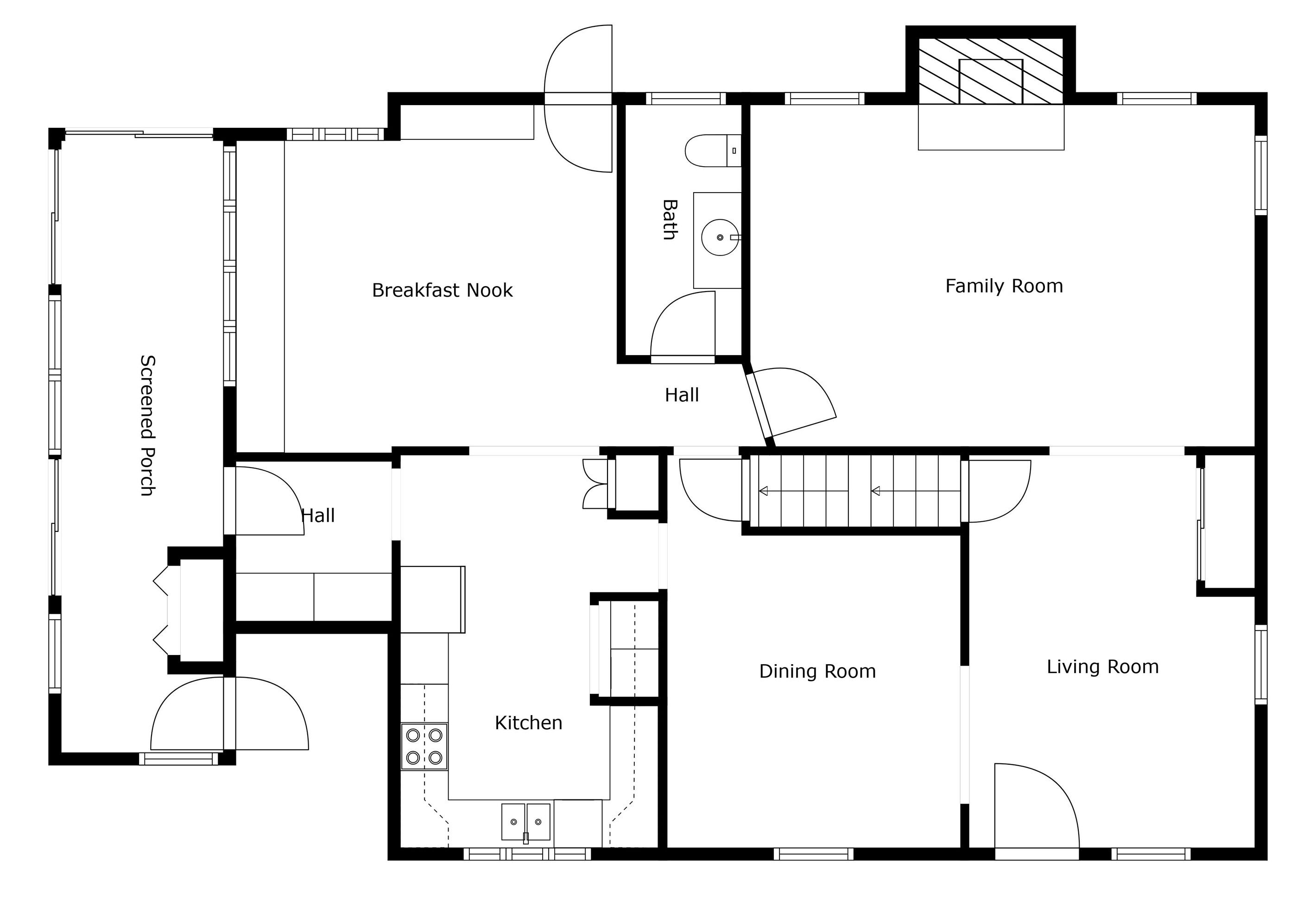 A floor plan with a breakfast nook, family room, dining room, living room, kitchen, and two hallways.