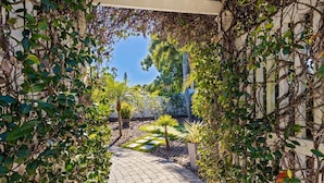 A paved pathway leading through a garden with various plants and a pergola structure.