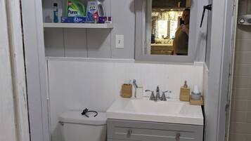 A compact bathroom with a toilet, a sink with a mirror above it, and a shower area.