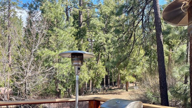 A deck with a grill and a portable heater, surrounded by trees. - Charming 3-bedroom cabin with AC, WiFi in serene Idyllwild-Pine Cove (Idyllwild-Pine Cove)