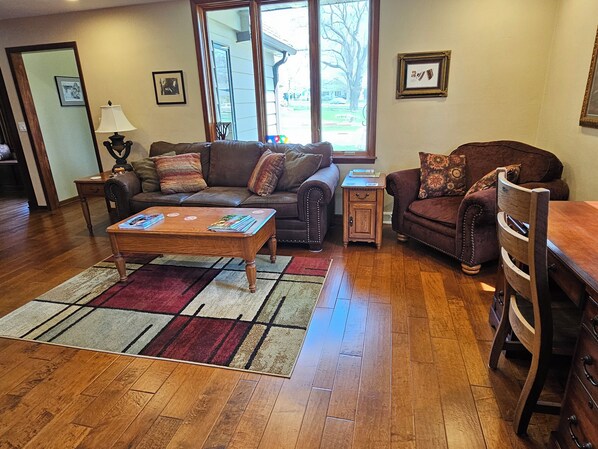 Smart TV, fireplace, DVD player, books