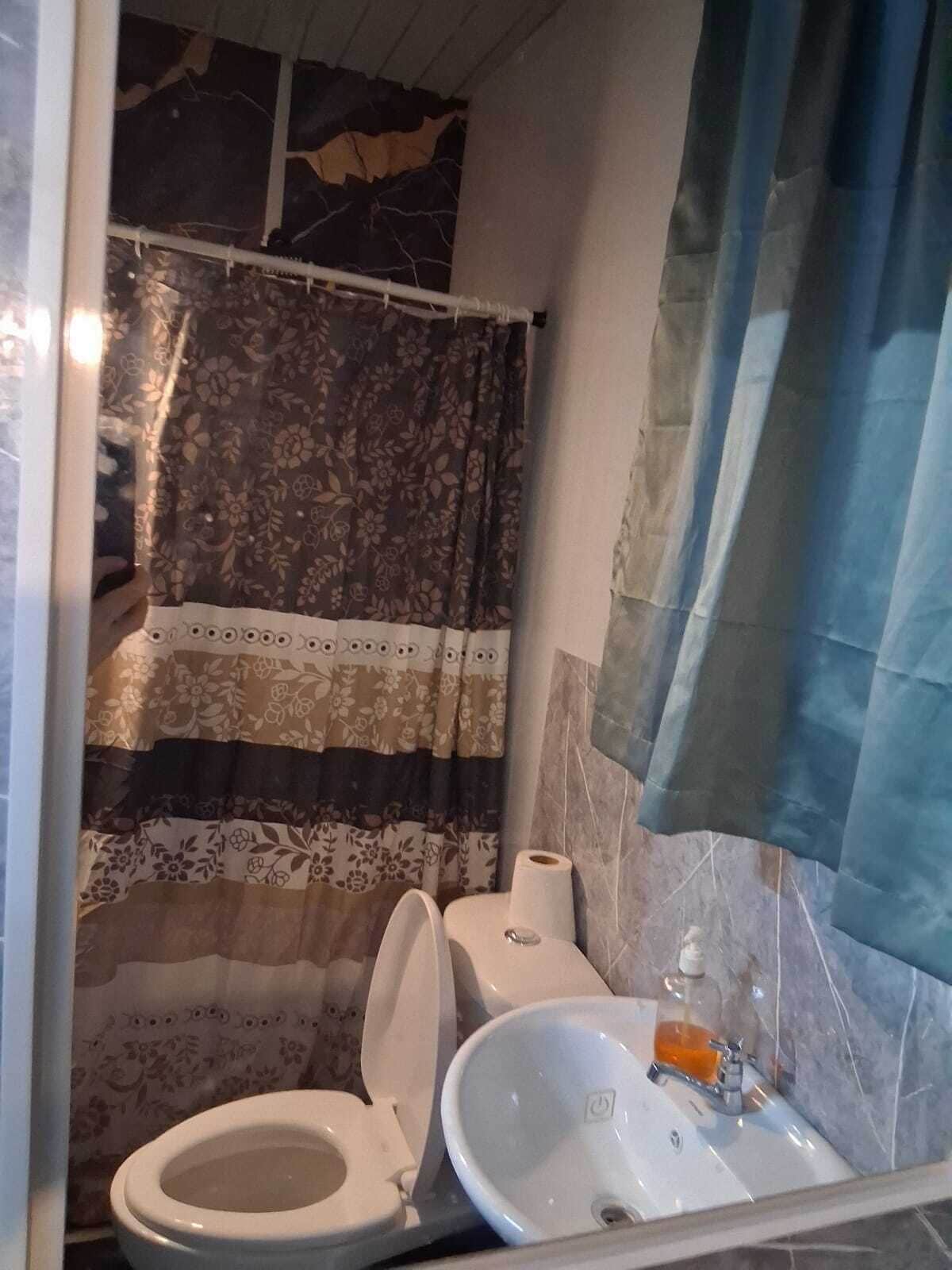 Un baño con inodoro, lavamanos y cortina de ducha.
