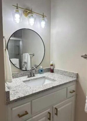 Hair dryer, towels, soap, shampoo