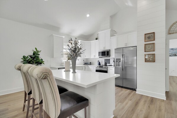 Fridge, microwave, coffee/tea maker, toaster