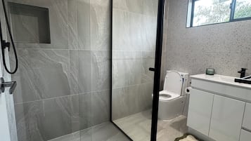 Shower, hair dryer, towels, soap