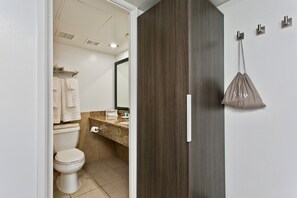 Hair dryer, towels, soap, toilet paper