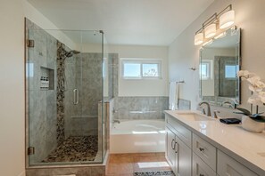 Hair dryer, bidet, towels, soap