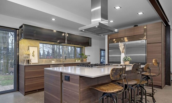 Fridge, stovetop, dishwasher, coffee/tea maker