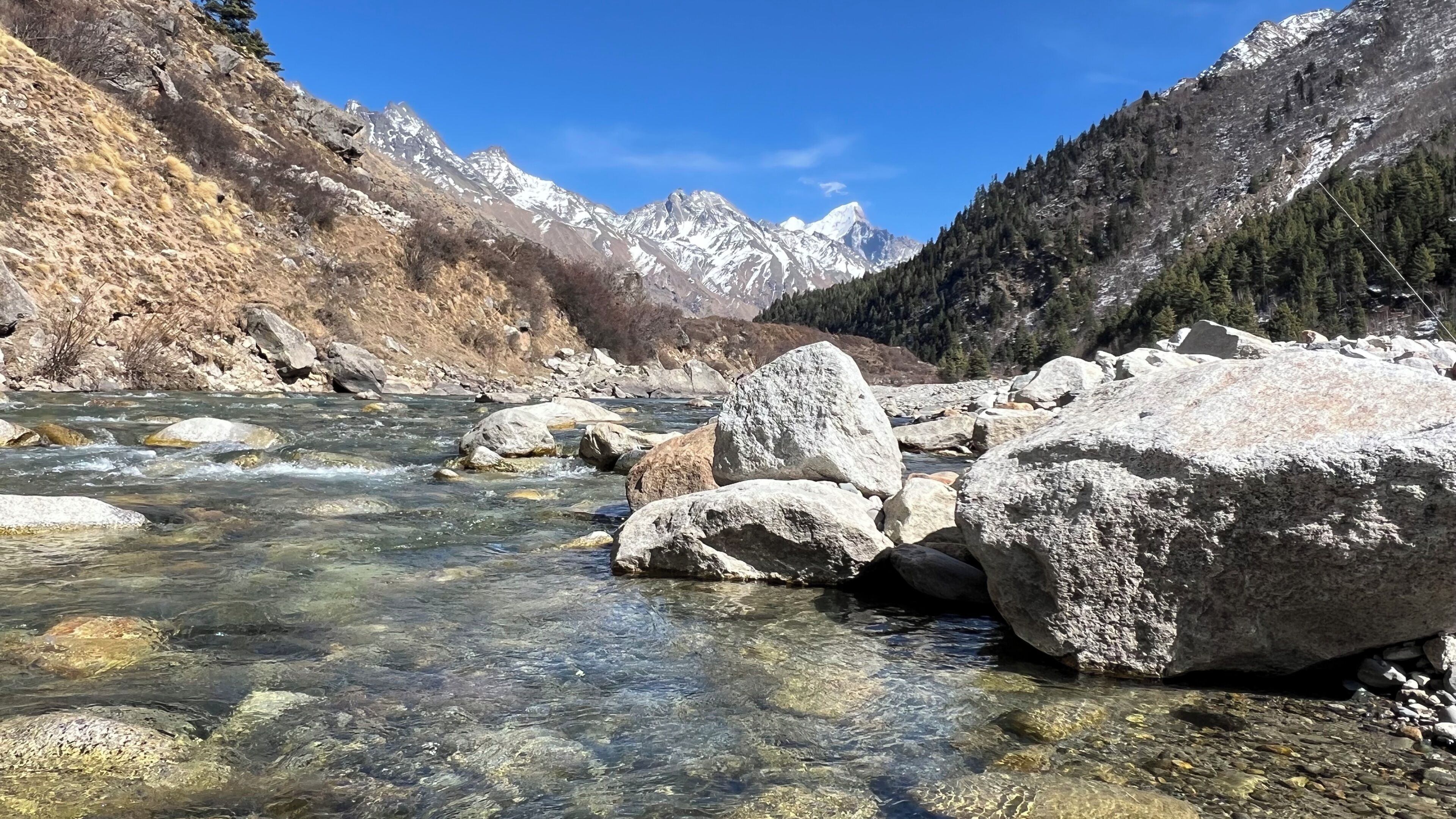 A clear mountain stream with large rocks, surrounded by snow-capped mountains and dense forest.