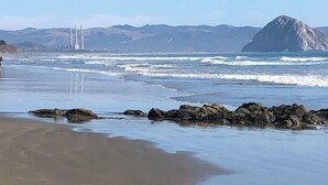 A beach with a rocky shoreline and waves. - Crafty Oak House (Paso Robles)