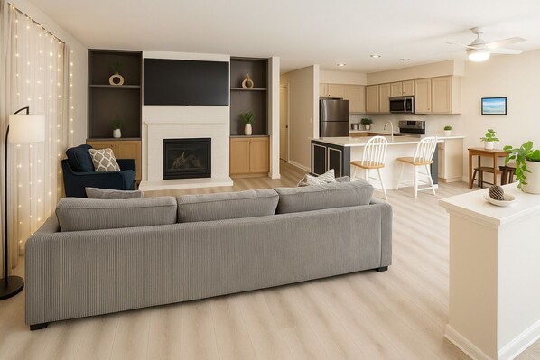 Smart TV, chimenea, libros y monitor de computadora