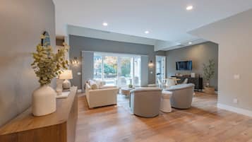 House, Multiple Beds, Pool Access, Pool View (Sycamore Ranch) | Living area | Fireplace