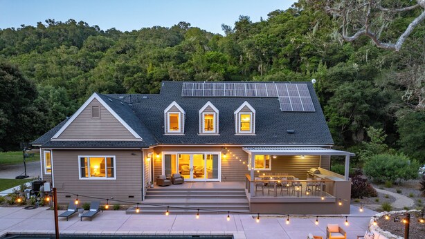 A house with a swimming pool, outdoor seating, and solar panels. - Sycamore Ranch (Templeton)