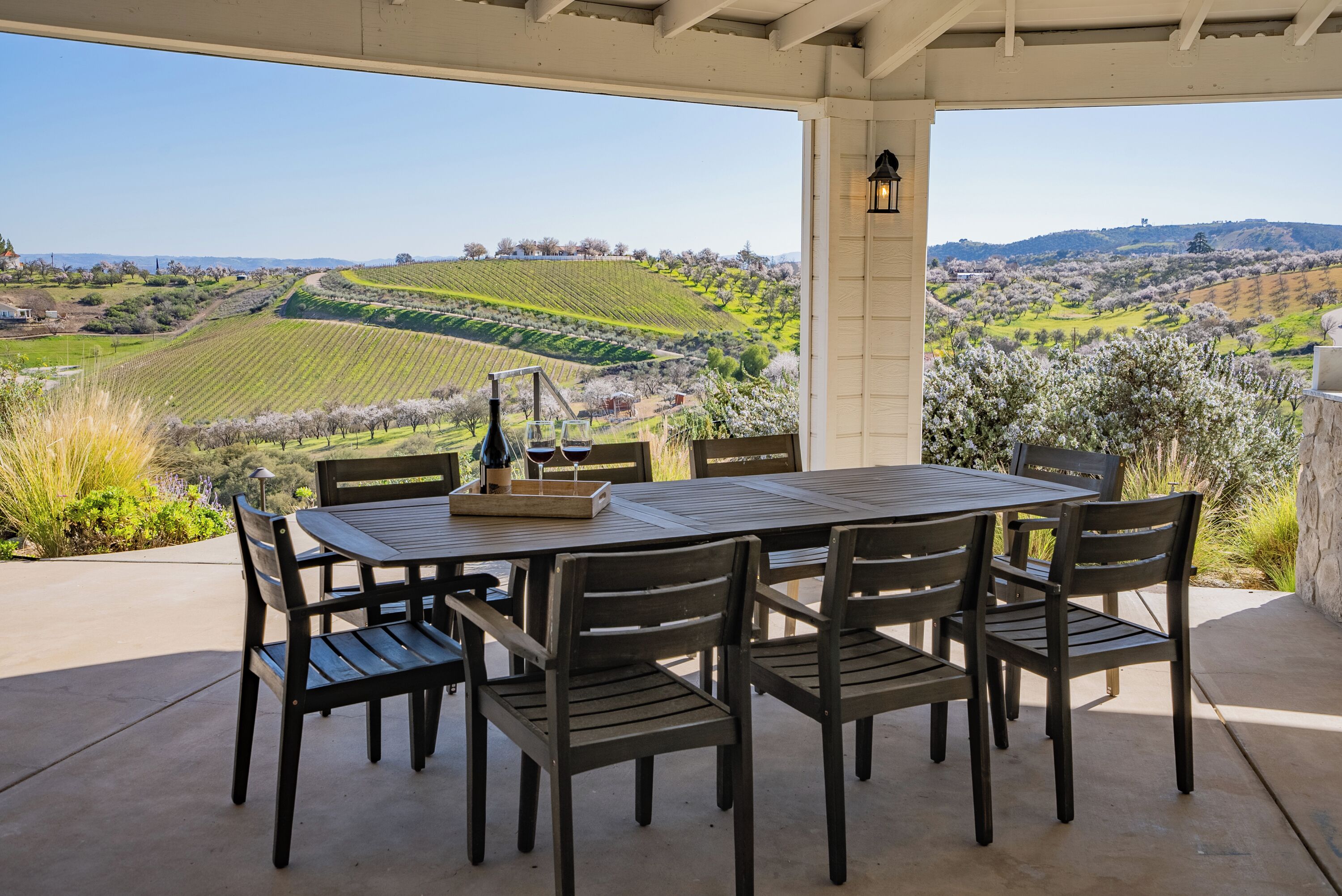 Une terrasse couverte, dotée d’une table et de chaises, qui offre une vue sur un paysage de vignes.