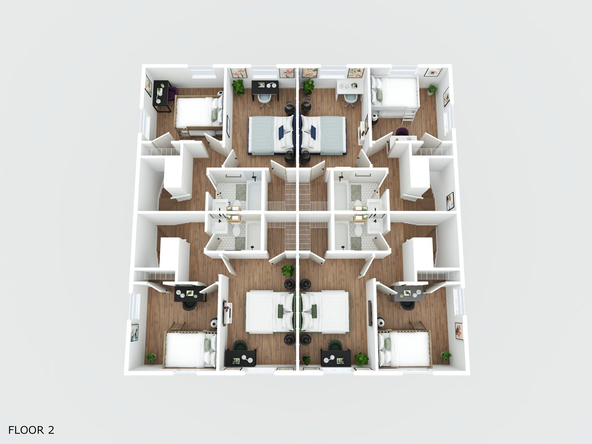 Grundriss einer 2-stöckigen Wohnung mit 4 Schlafzimmern, 2 Bädern und einem gemeinsamen Wohnbereich.