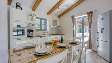 Vila família, vários quartos (Villa Milo Mali Vareski with Pool) | Cozinha privada | Geladeira, micro-ondas, fogão, cooktop