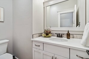 A bathroom with a white sink, a mirror, a potted plant, and a soap dispenser.
