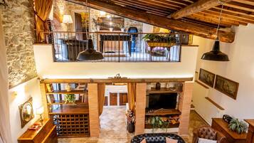 TV, fireplace, DVD player, foosball