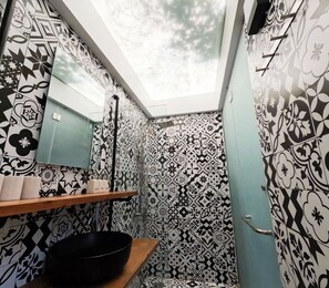 Shower, towels, soap, toilet paper