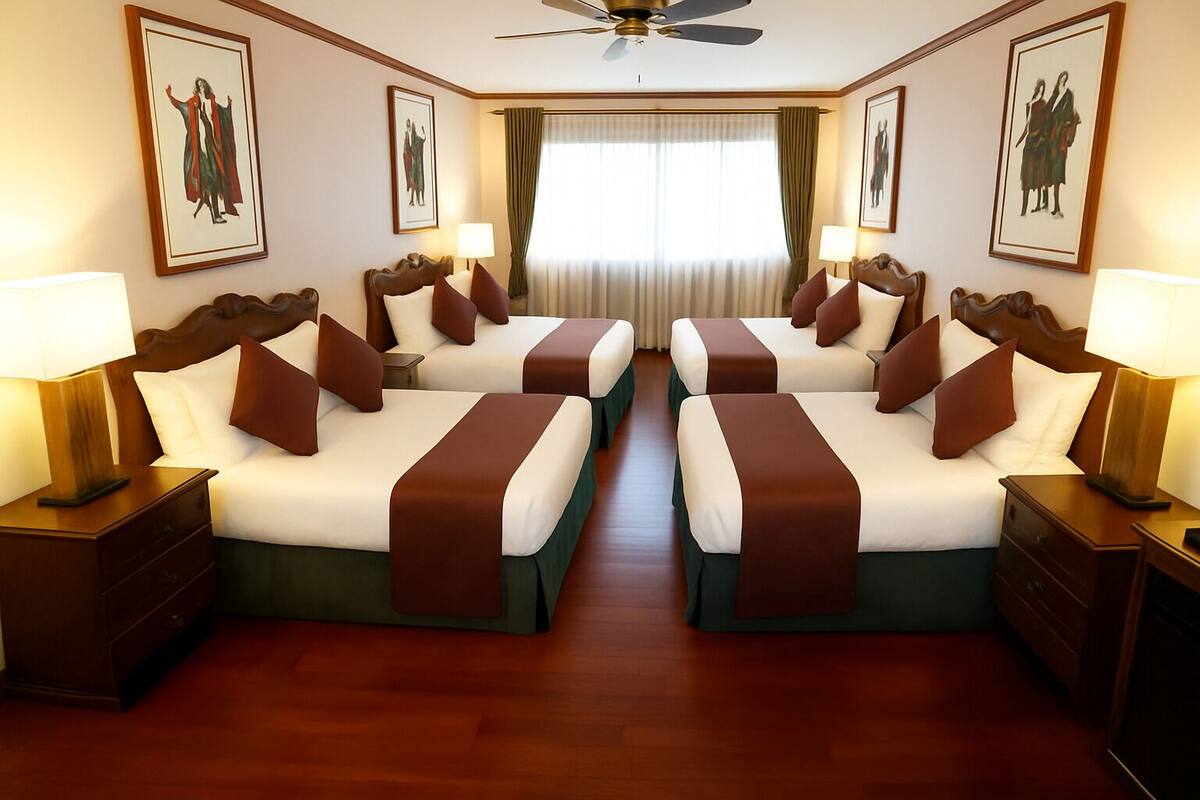 Kamar Quadruple Keluarga | Brankas, meja kerja, ruang kerja ramah laptop, dan tirai kedap cahaya
