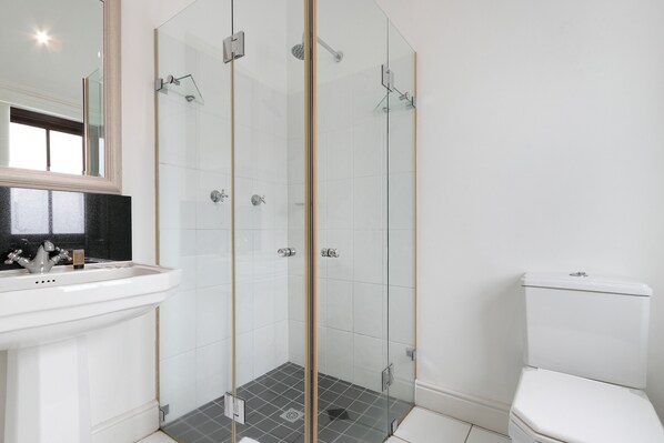 A modern bathroom with a glass-enclosed shower, a white sink, and a toilet.
