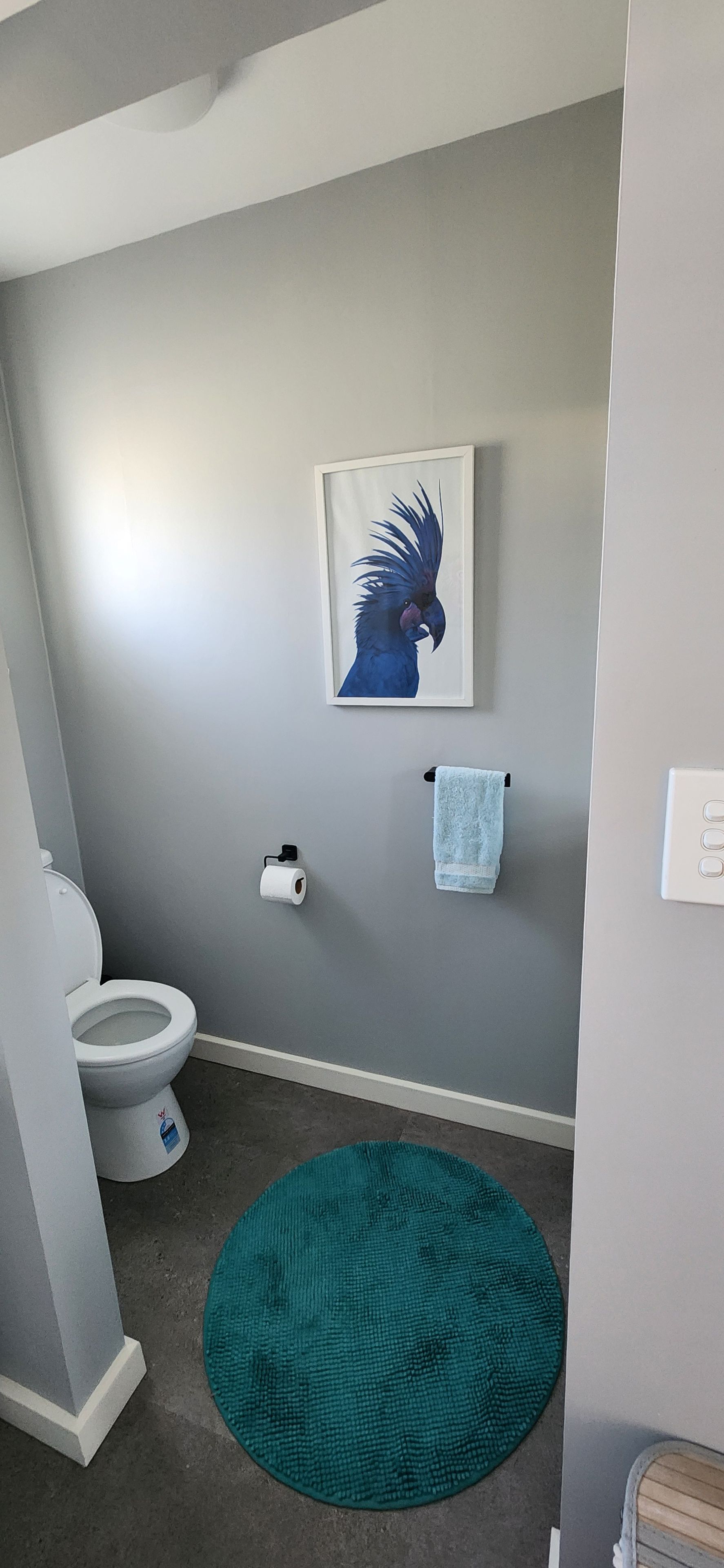 A bathroom with a toilet, a towel rack, a toilet paper holder, and a framed artwork on the wall.