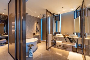 Hair dryer, slippers, towels, soap