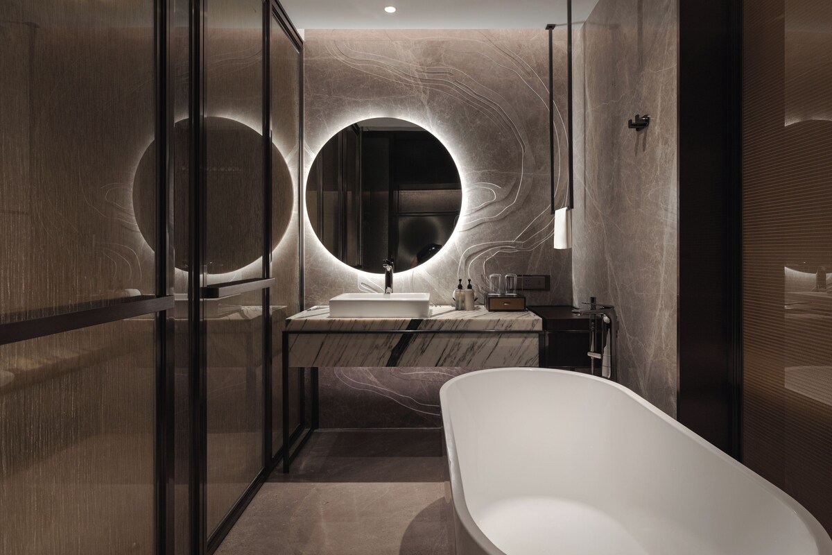 Hair dryer, slippers, towels, soap