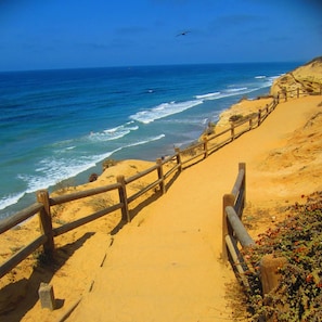 Una playa arenosa con un camino de madera que lleva al océano.