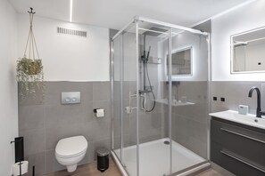 Chuveiro, secador de cabelo, toalhas de banho 