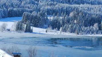 Ein gefrorener Fluss mit schneebedeckten Bäumen und ein kleines Gebäude in der Ferne.