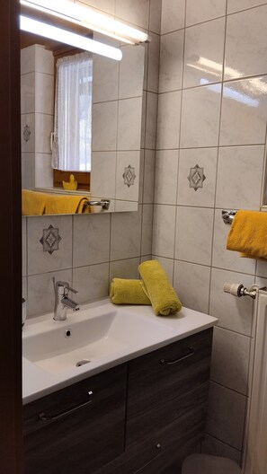 Shower, hair dryer, towels