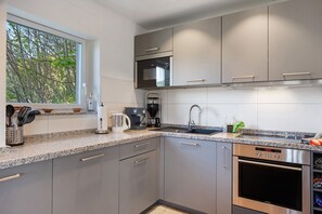 Fridge, microwave, oven, stovetop