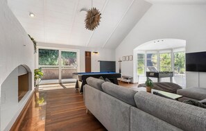 Télévision, cheminée, baby-foot, table de tennis de table