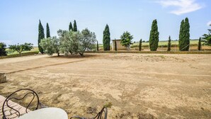 A spacious outdoor area with a dirt ground, surrounded by tall cypress trees and a brick structure.