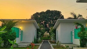A pathway leading to two white buildings with green doors, surrounded by greenery and a large tree in the background. - Tiger Safari Lodge (Ashta)