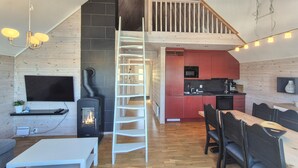 A modern loft-style living space with a loft bedroom, a fireplace, a kitchen, and a dining area.