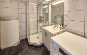 Ein modernes Badezimmer mit einer Duschkabine, einem weißen Waschbecken und einem Spiegel.