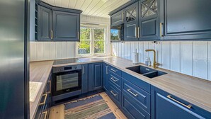 Une cuisine moderne avec des meubles de couleur bleu foncé, un évier en acier inoxydable et un four encastré.
