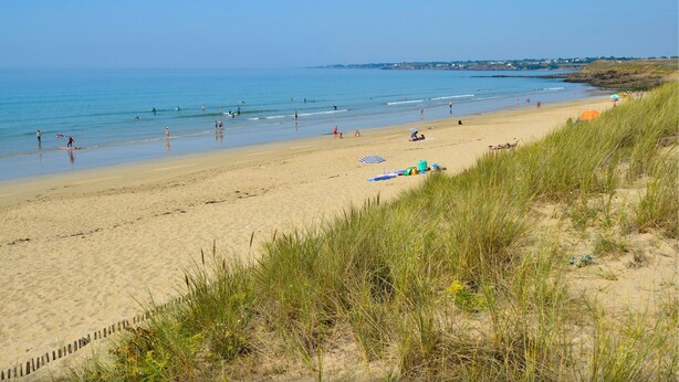 A beach with people, a sandy shore, and grassy dunes. - Ecolodge located in the heart of nature, between land and sea. (Arzano)