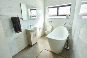 Shower, towels, soap, toilet paper