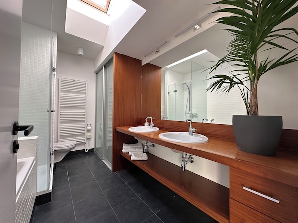 Shower, hair dryer, towels, soap