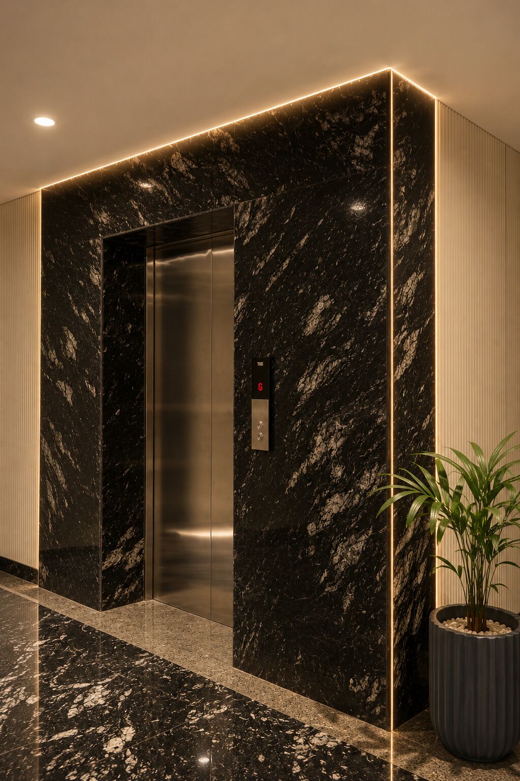 A modern elevator with a marble wall, a potted plant, and a light strip.