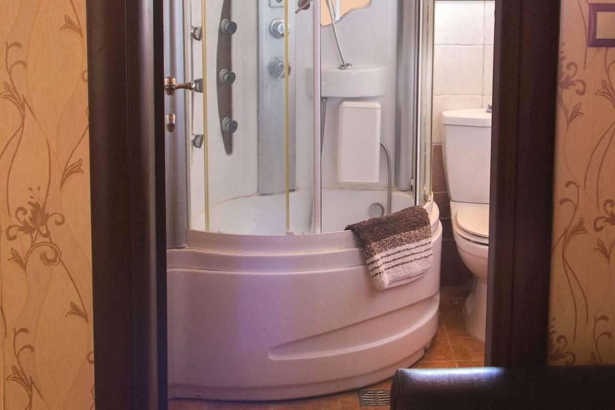 Een douchecabine met glazen wanden, een toilet en een wastafel, een handdoek en uitzicht op de omgeving.