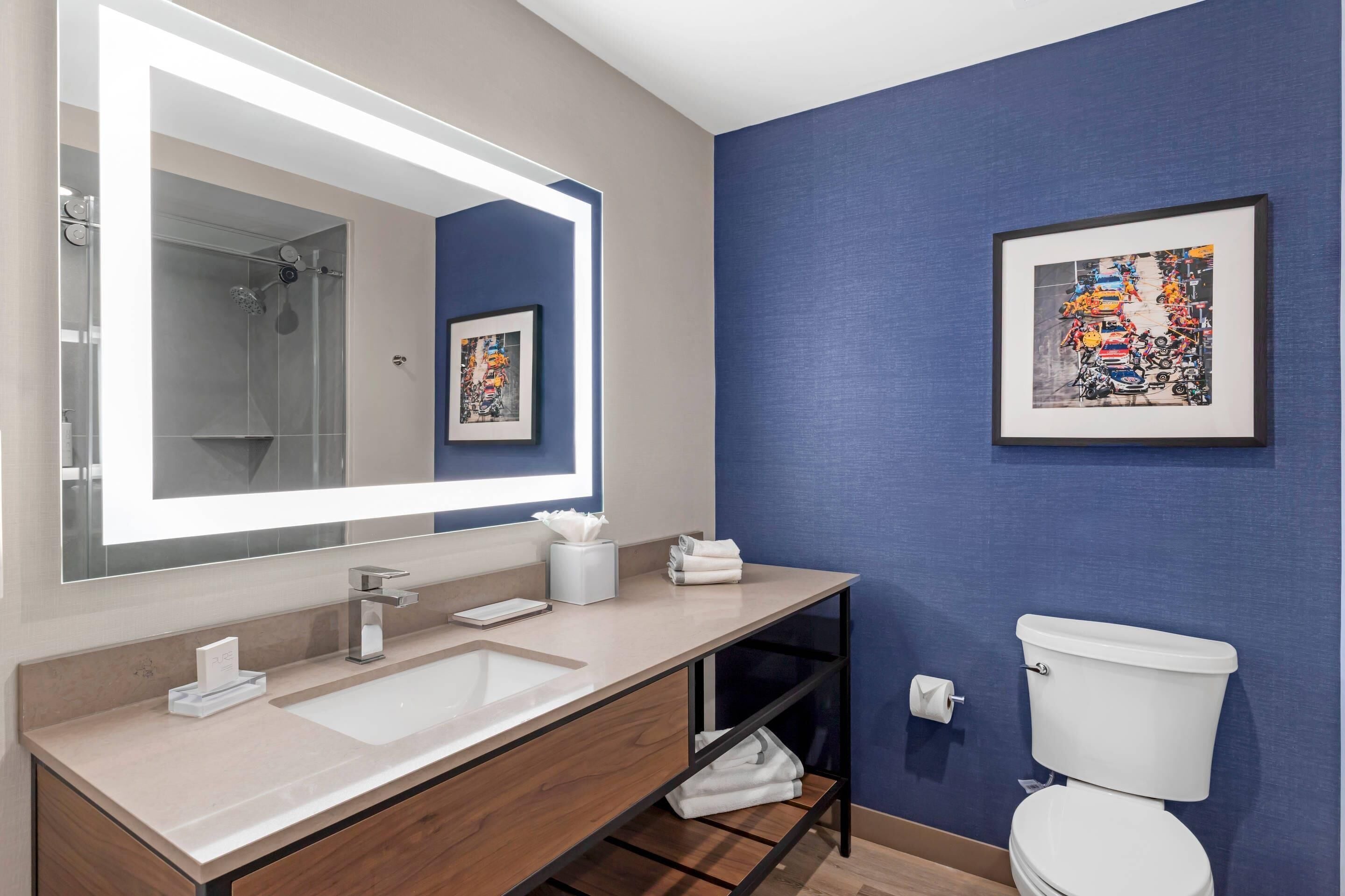 Une salle de bain moderne avec un grand miroir, un lavabo et des toilettes.
