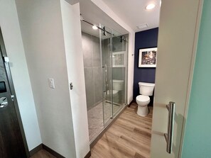 Hair dryer, towels, soap, shampoo