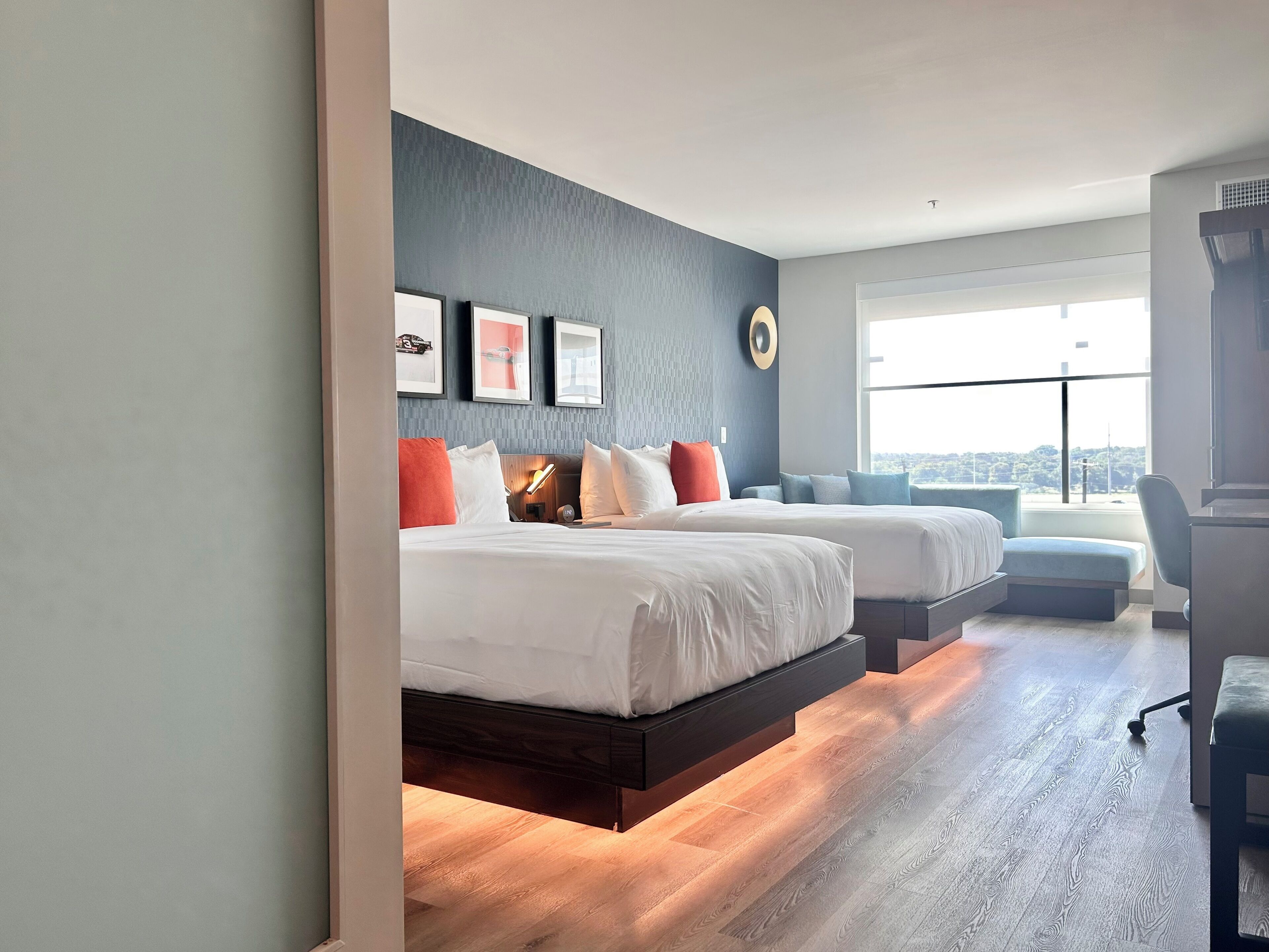 Premium bedding, pillowtop beds, desk, laptop workspace