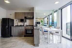 Fridge, microwave, coffee/tea maker, toaster