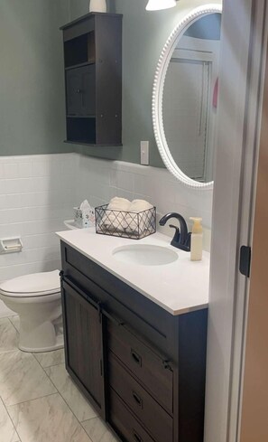 Hair dryer, towels, soap, toilet paper