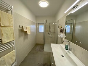 A modern bathroom with a glass-enclosed shower, a white sink, and a large mirror.